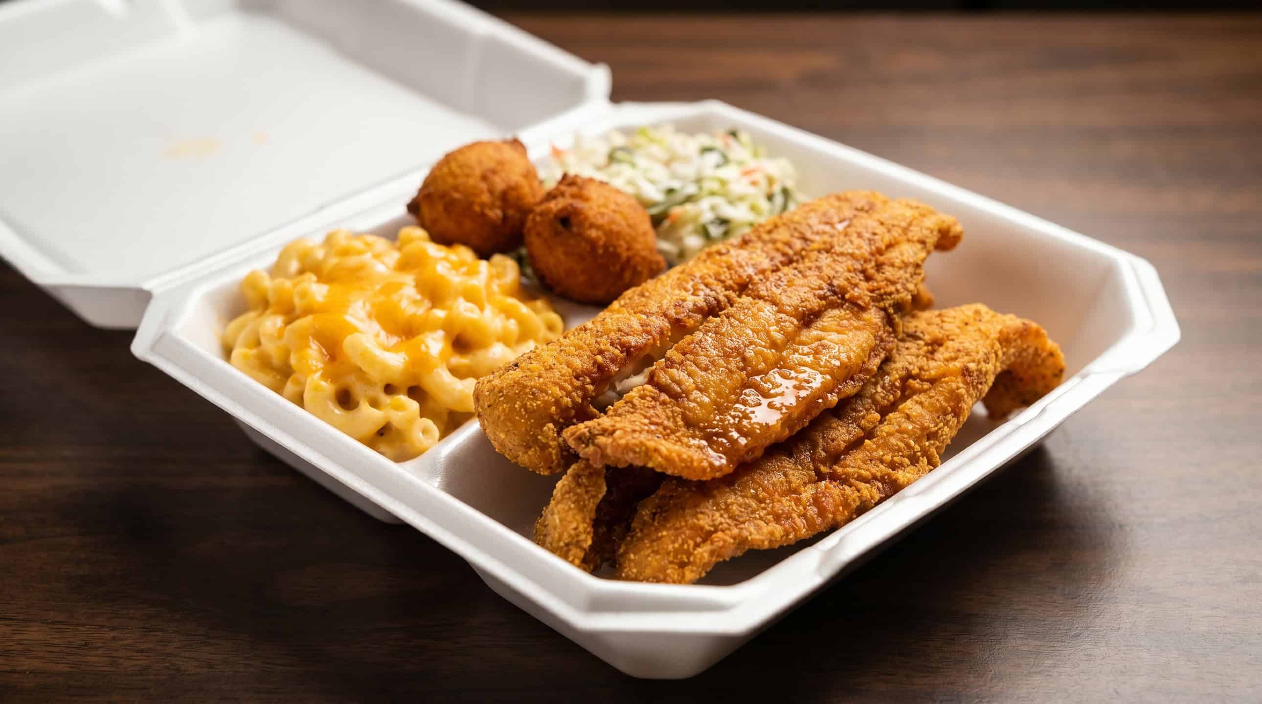 Cornmeal-crusted fried catfish plate with Southern sides