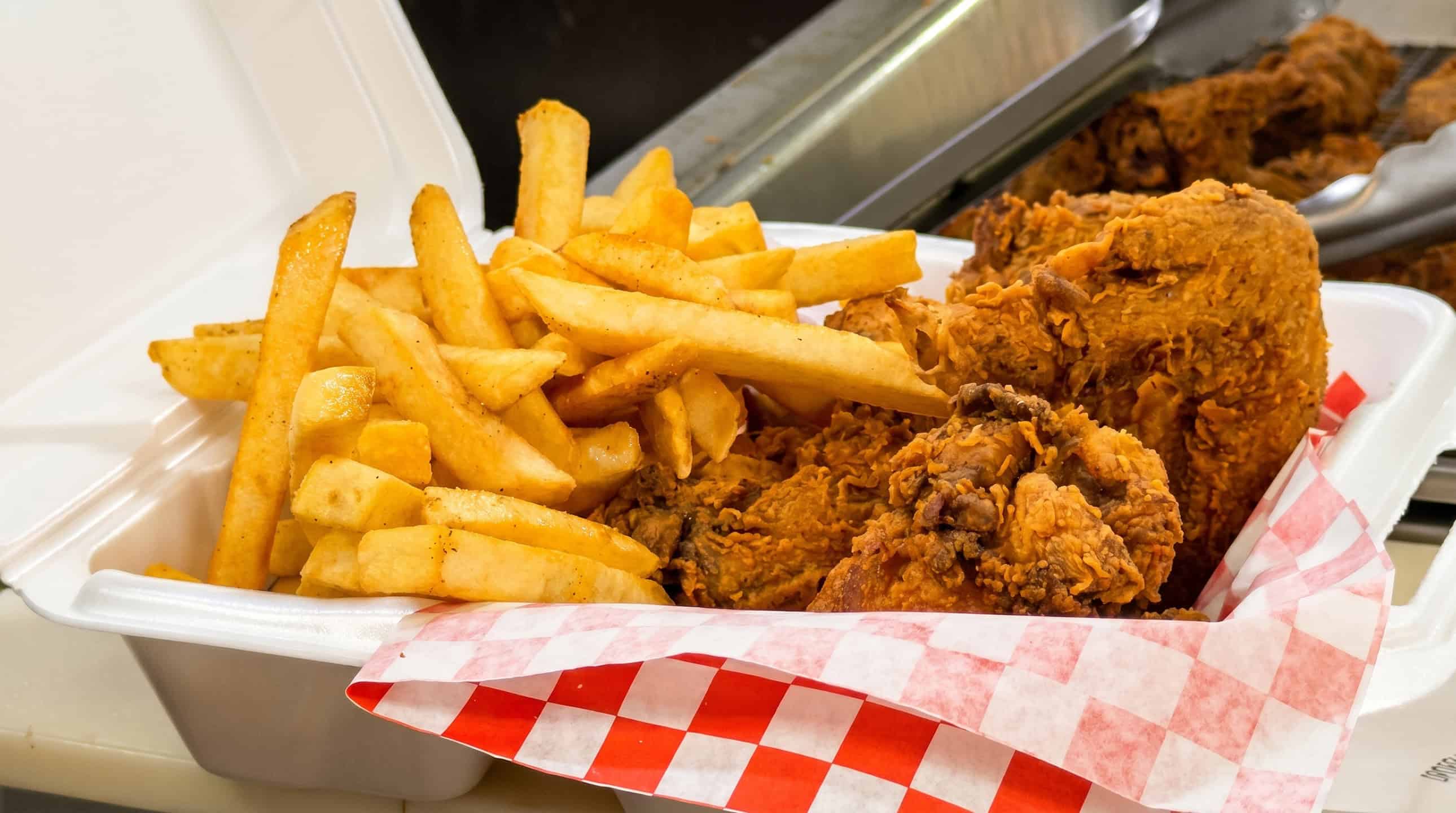 Crispy golden fried chicken with homestyle sides