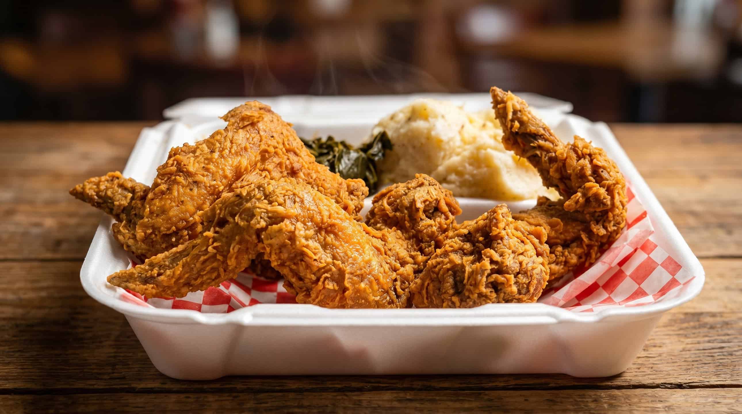 A plate of golden fried chicken with Southern sides